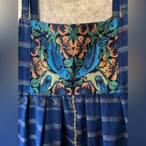Vtg Guatemala Jumper Overalls Ikat Huipil Embroidered Birds Hippie Boho Dress S